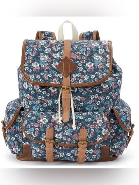 Vintage Y2K 90s MUDD Canvas Floral Print Boho Backpack Satchel Bag Faux Leather